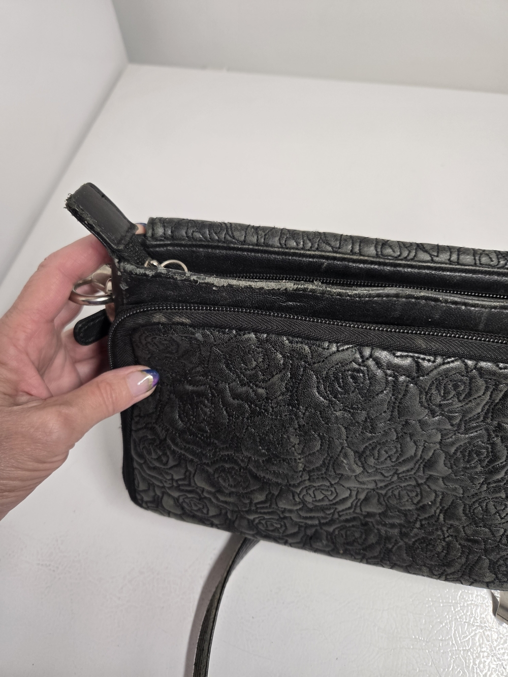 Classic Black Floral Embossed Crossbody Bag